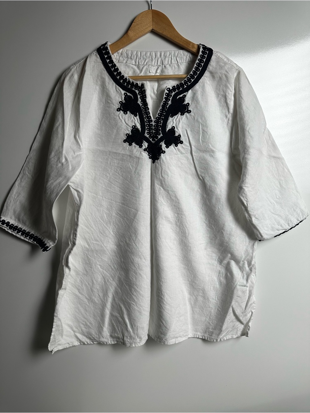 Symple NYC 100% Linen Embroidered Soutache Tunic Blouse White L